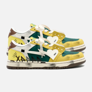 Low Top Leather Basketball Shoe in Yellow, Green, and Cream